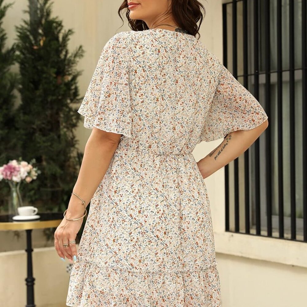Plus Size Women's Summer Floral Ruffle Mini Dress Lightweight Chiffon - Picture 5 of 5